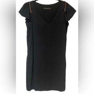 NWOT Vintage Inspired Black Dress Gold detail Short Sleeved V Neck Size M